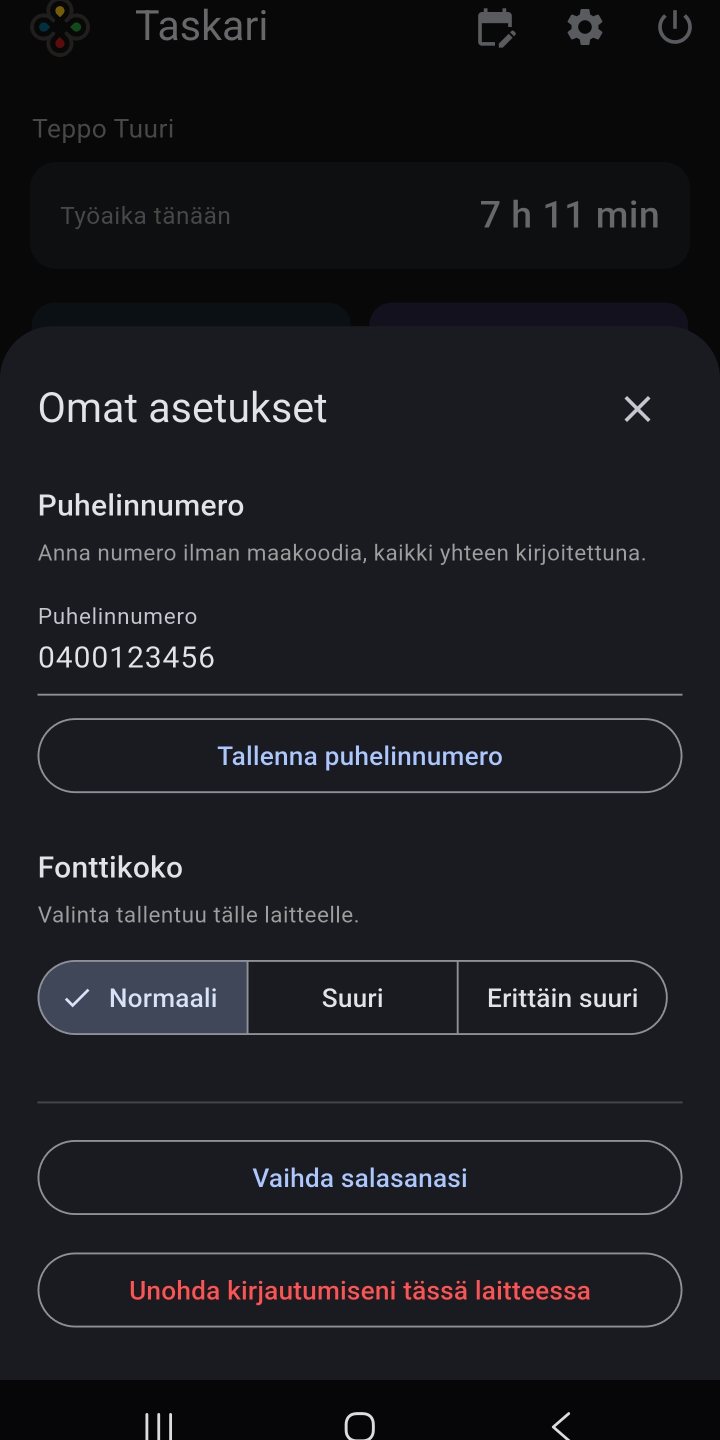 Omat asetukset: puhelinnumero, fonttikoko ja salasana
