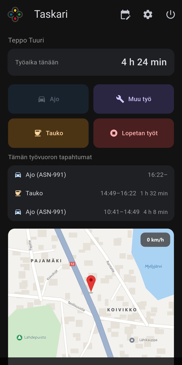 Taskarin mobiilisovellus: työaika tänään ja painikkeet Ajo, Muu työ, Tauko ja Lopetan työt