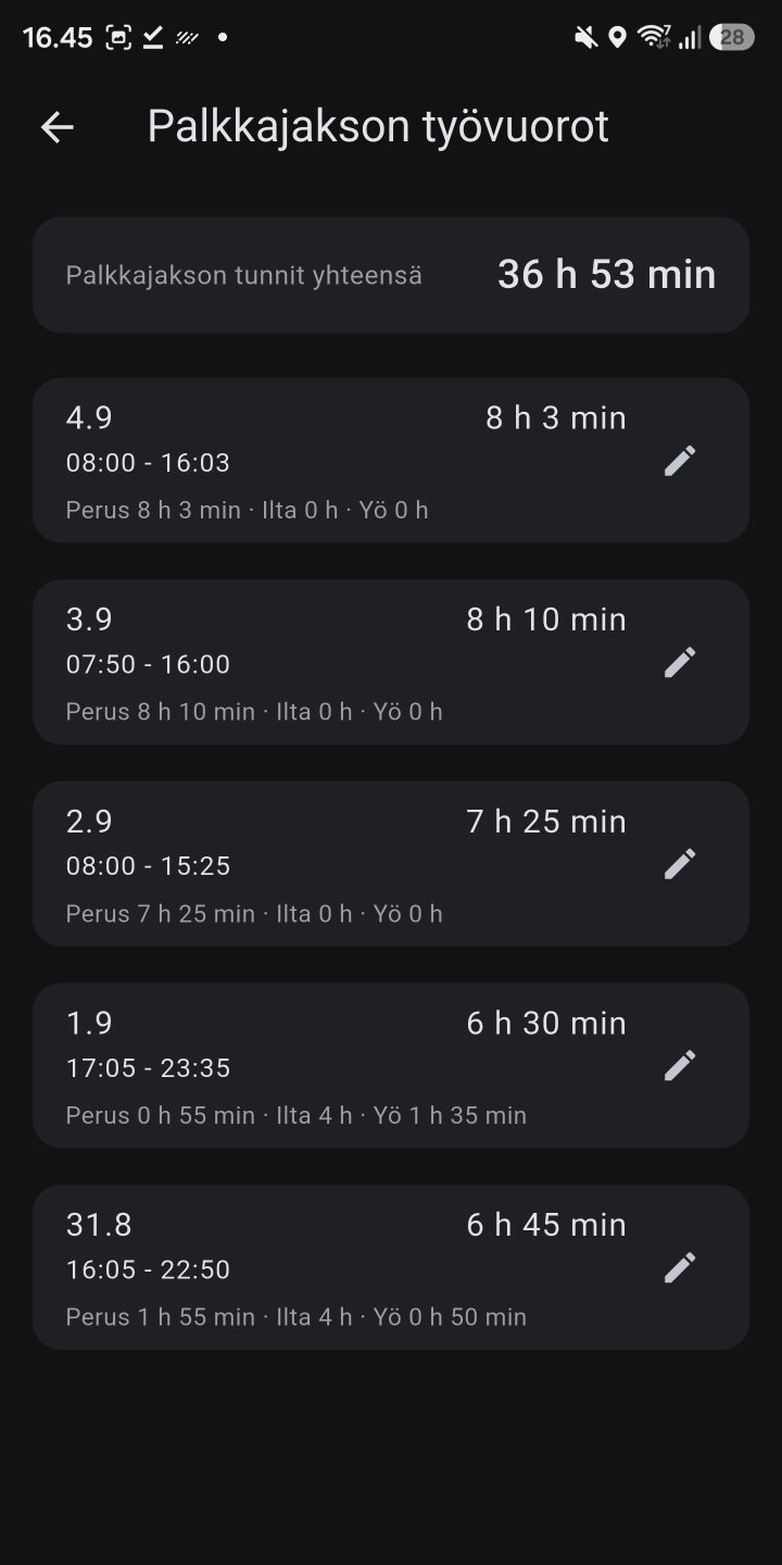 Palkkajakson työvuorot ja tunnit mobiilissa